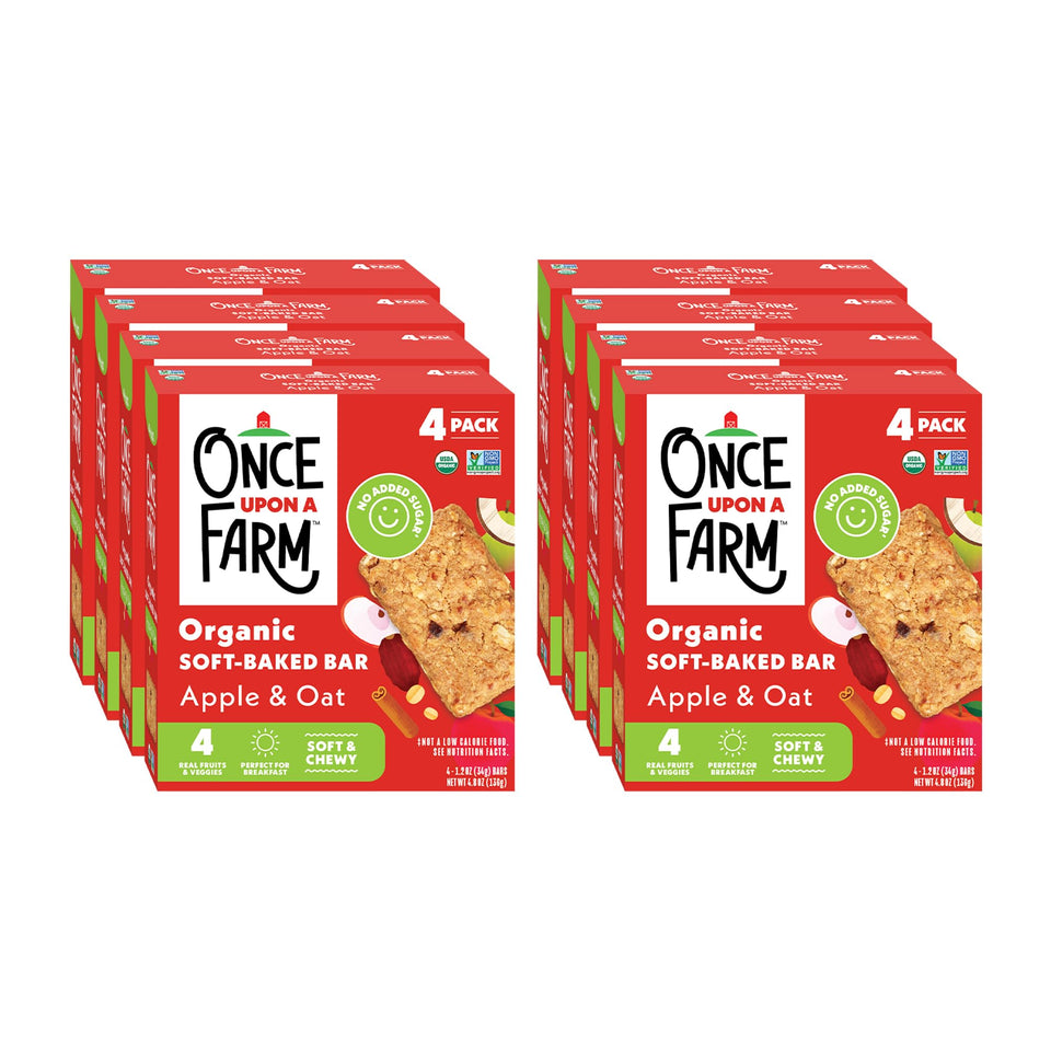 Once Upon A Farm Apple & Oat bars in packaging, ideal for on-the-go snacks.