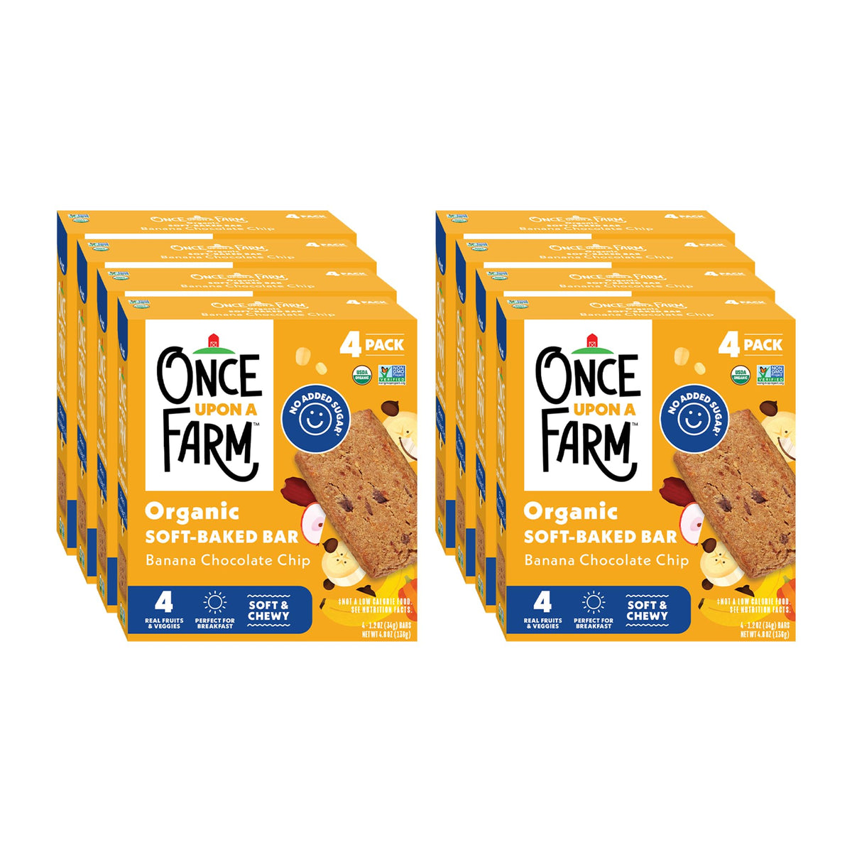 Once Upon a Farm banana chocolate chip soft baked bar close-up, kid-friendly texture for on-the-go snacking.