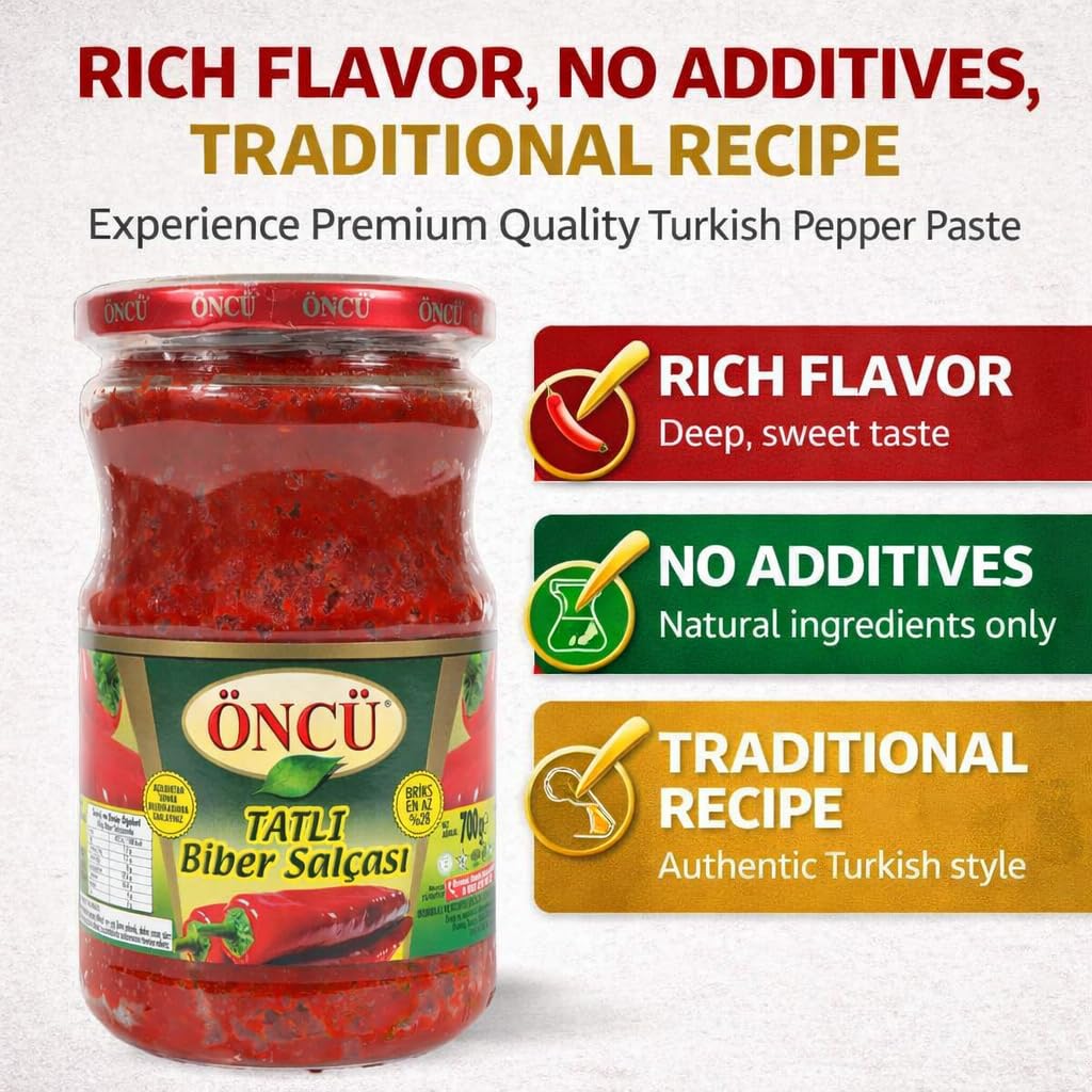 Oncu pepper paste jar close-up highlighting rich color, ideal for stews and sauces.