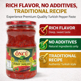 Oncu pepper paste jar close-up highlighting rich color, ideal for stews and sauces.