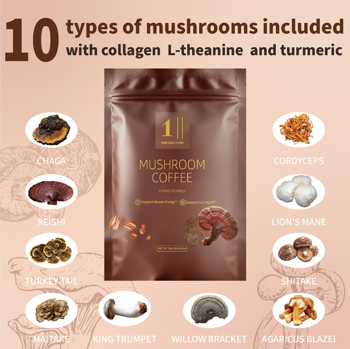 ONE CLASS SIMOR Mushroom Coffee mushroom blend highlighting 10 functional mushrooms.