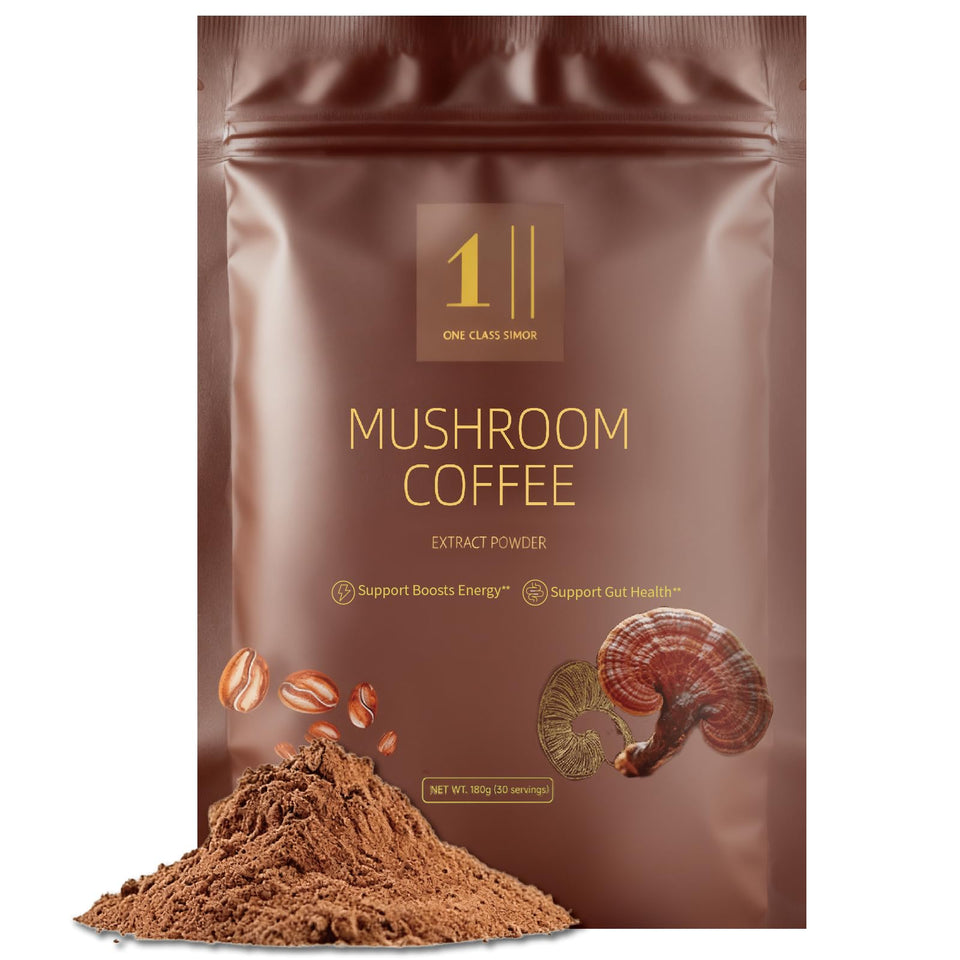 ONE CLASS SIMOR Mushroom Coffee front-pack display for daily energy and focus.