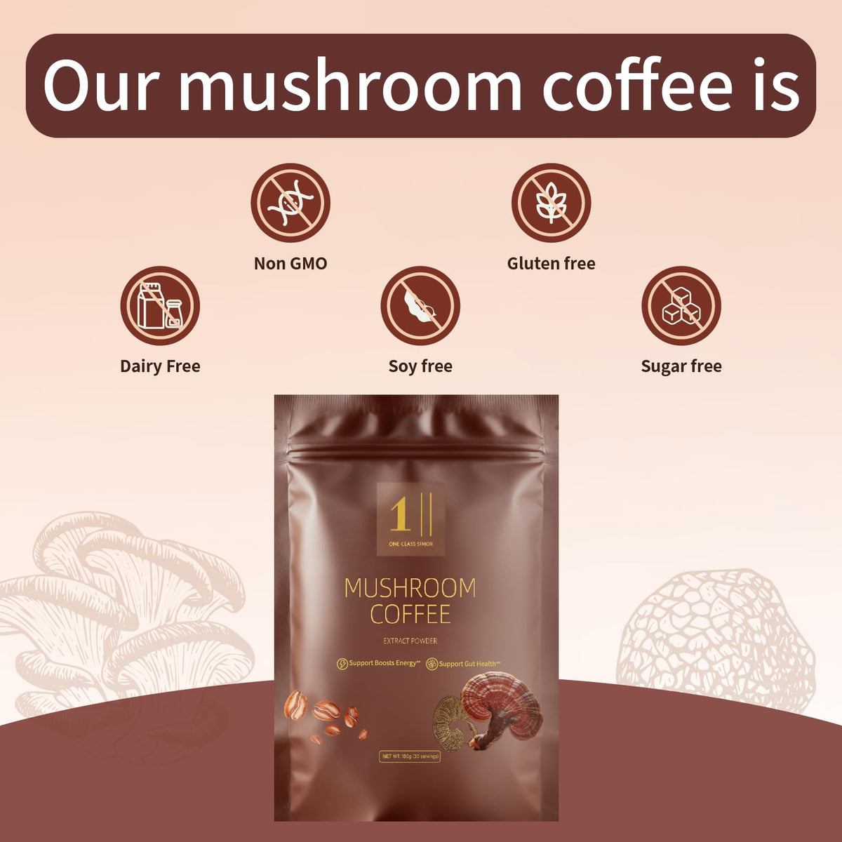 ONE CLASS SIMOR Mushroom Coffee steaming cup illustrating smooth energy.