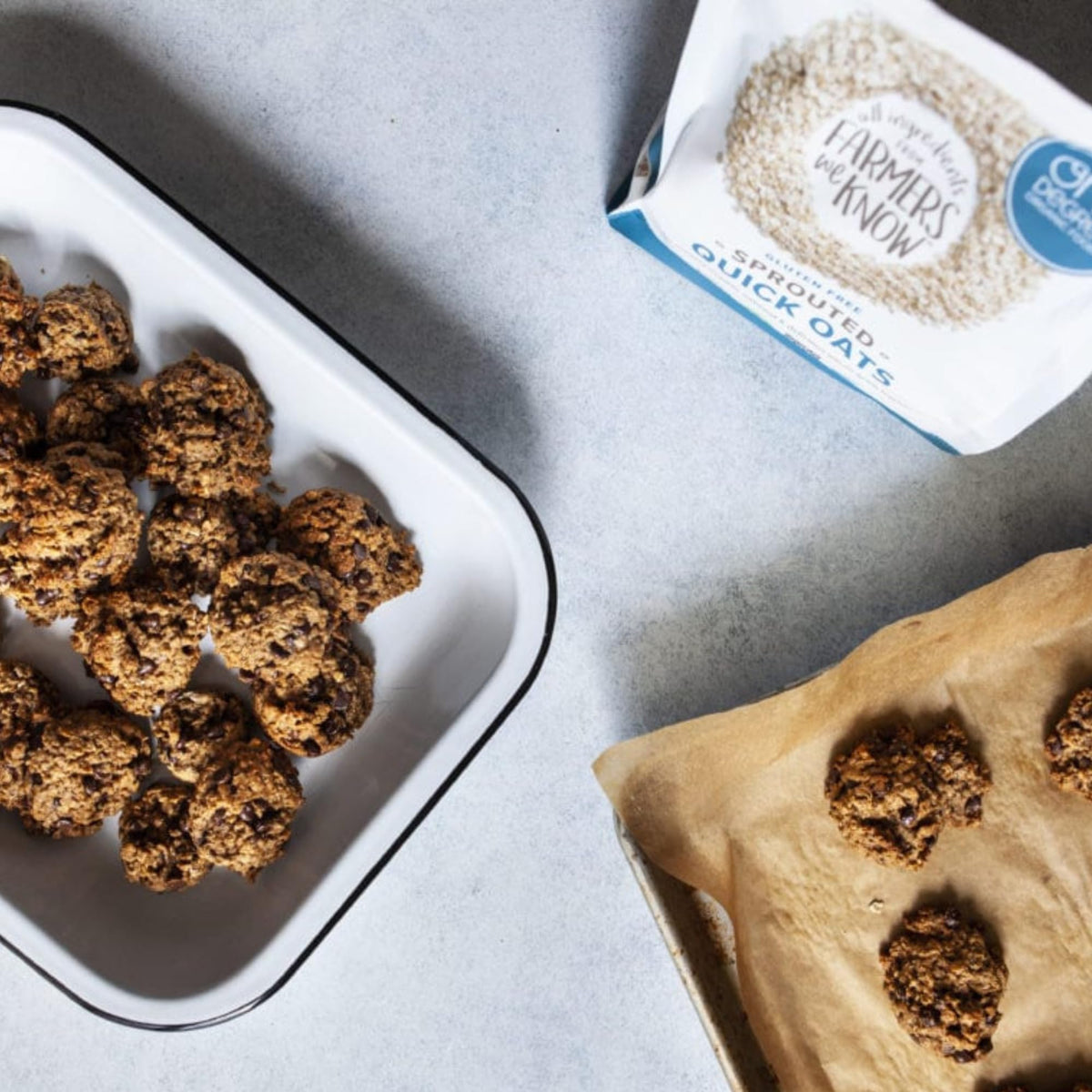 One Degree gluten-free sprouted quick oats in baking bowl for a nutritious recipe.