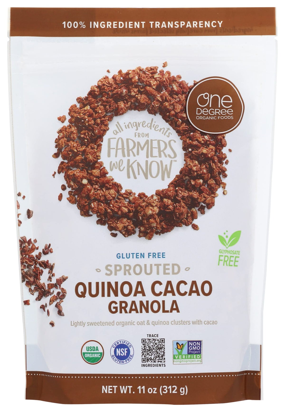 One Degree Organic Cacao Oat Quinoa Granola packaging highlights a wholesome breakfast option.