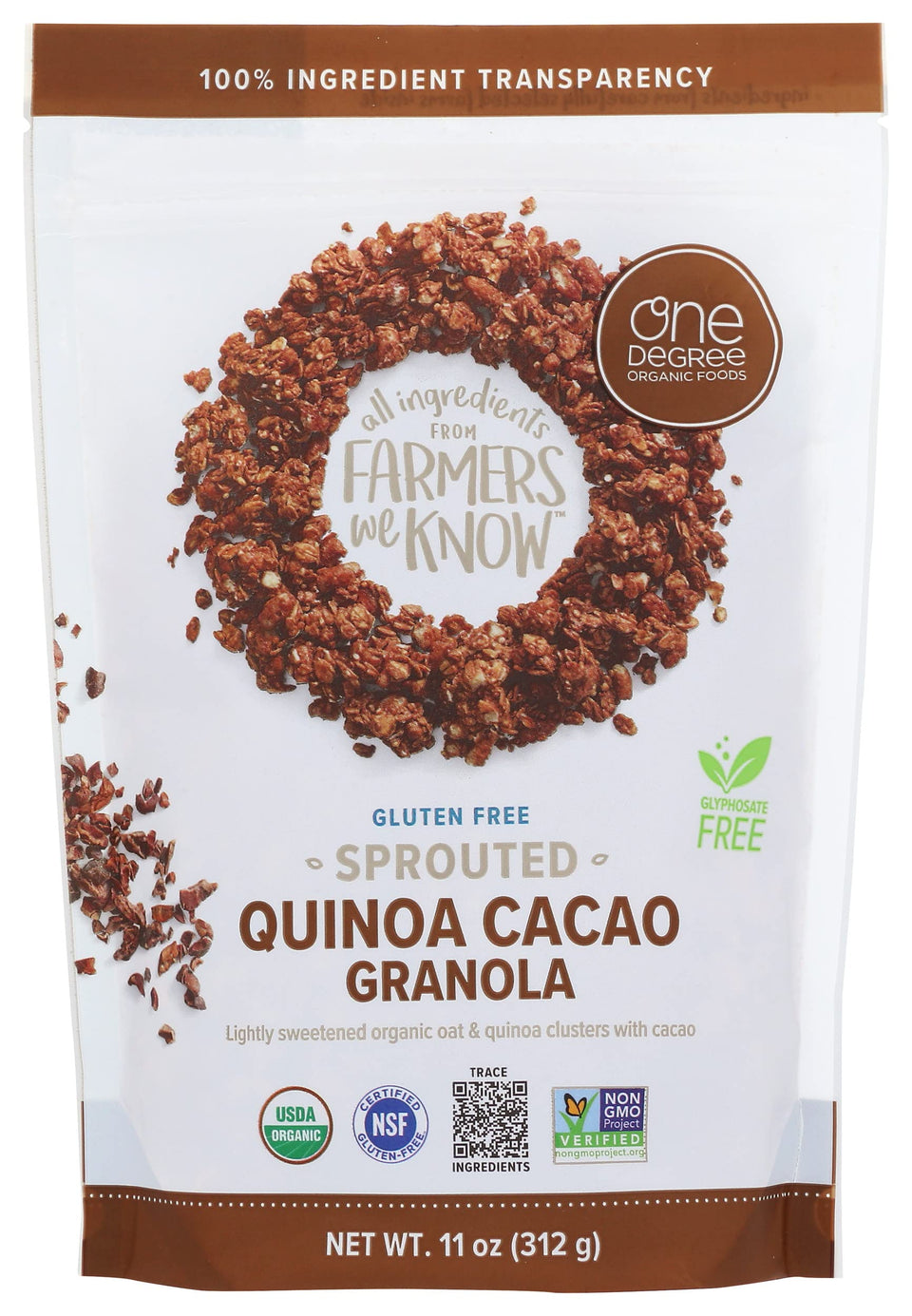 One Degree Organic Cacao Oat Quinoa Granola packaging highlights a wholesome breakfast option.