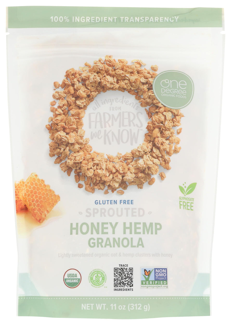 One Degree Organic Foods granola packaging highlights wholesome oats and hemp for quick breakfasts