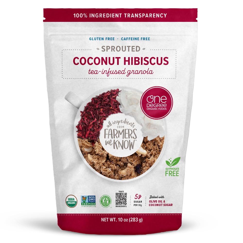One Degree Organic Foods granola tea infused coconut hibiscus 10oz ready to enjoy.