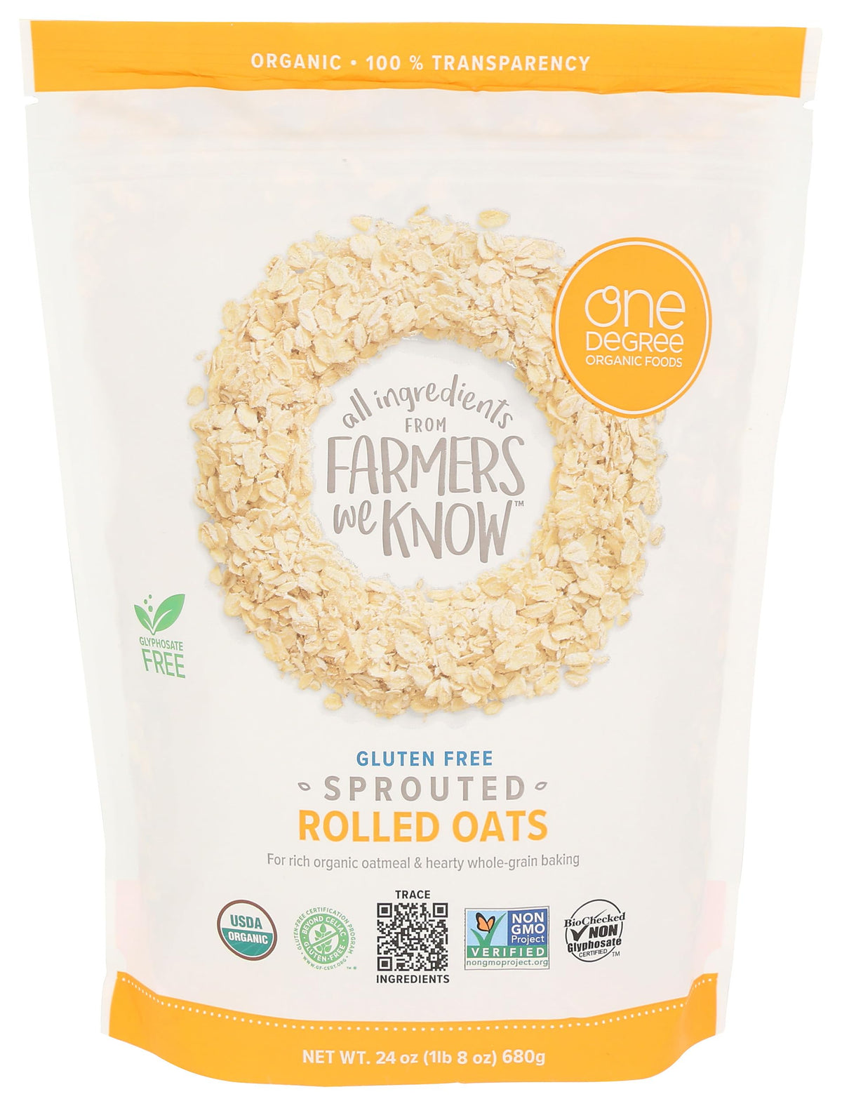 One Degree Organic Foods hot cereal oats packaging on shelf, convenient breakfast base.