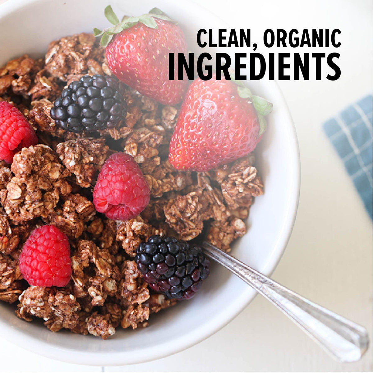 One Degree Organic Foods quinoa and cacao granola ingredients close-up