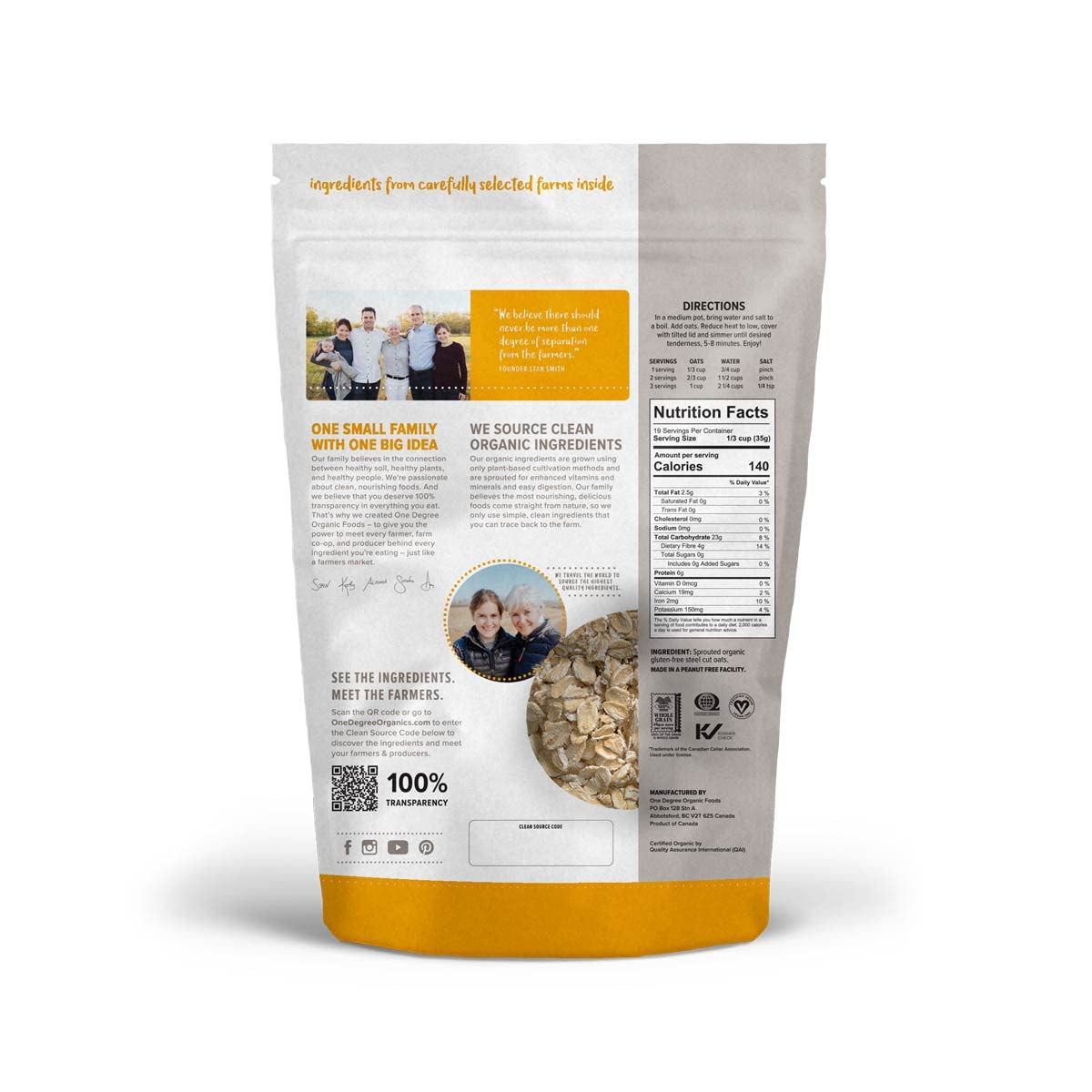 One Degree Organic Foods sprouted oats 24oz packaging with farm traceability QR code.