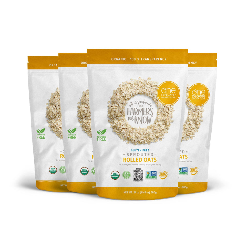 One Degree Organic Foods sprouted rolled oats in a 24 oz package, fiber-rich.
