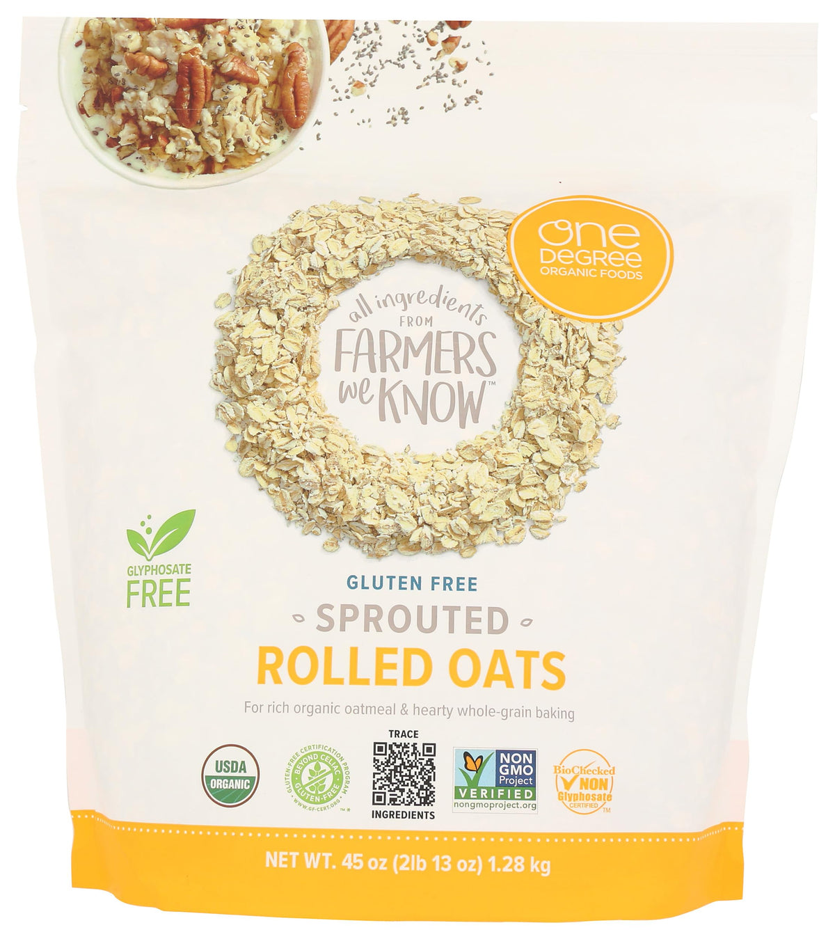 One Degree Organic Foods sprouted rolled oats pack ready for gluten free breakfasts