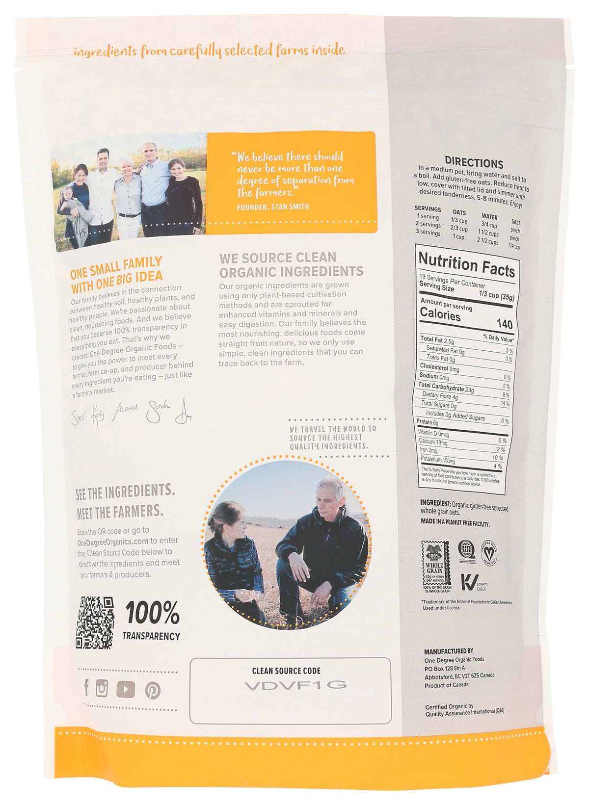 One Degree Organic Foods sprouted rolled oats bag, gluten-free option.