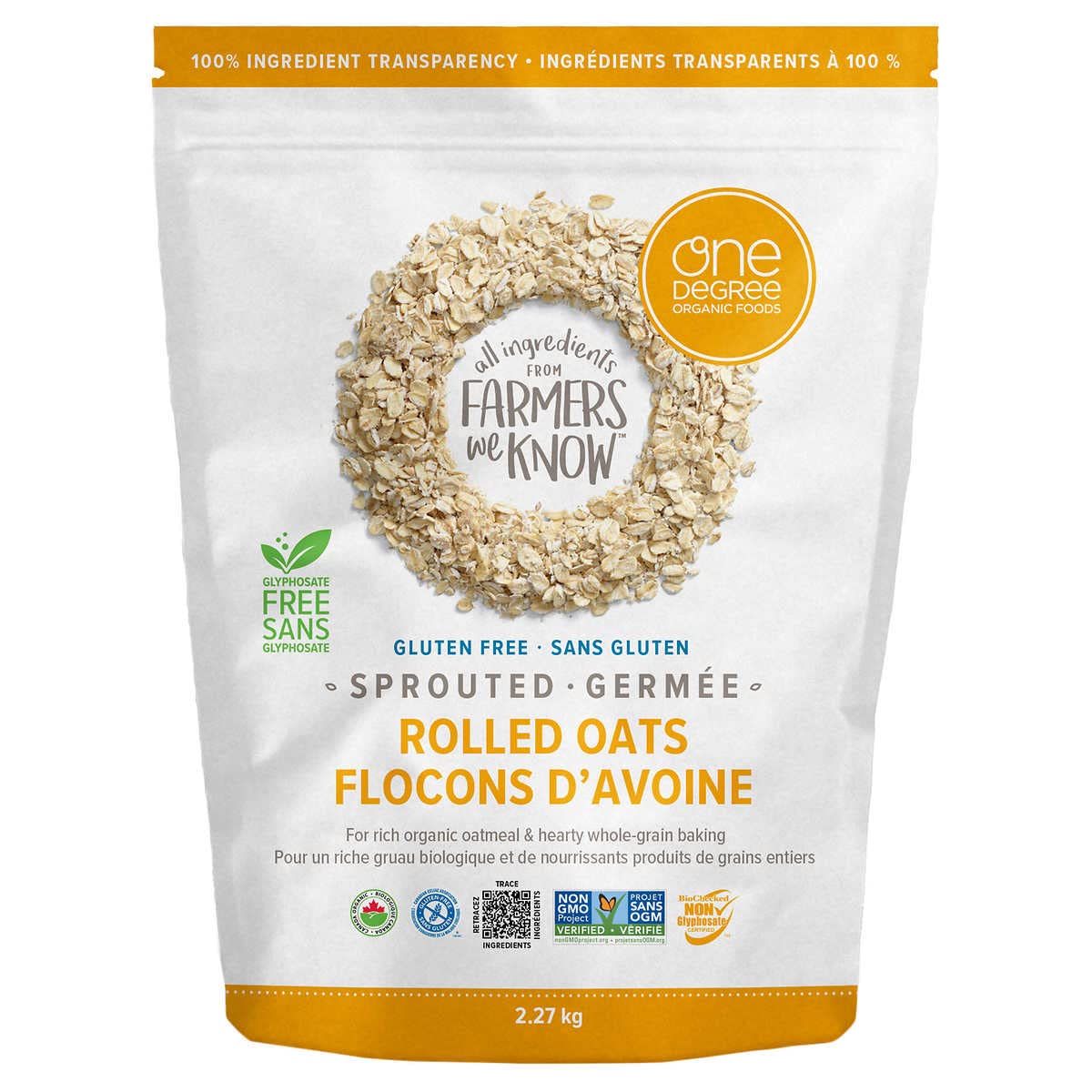 One Degree Organic gluten free sprouted oats bag showcasing packaging