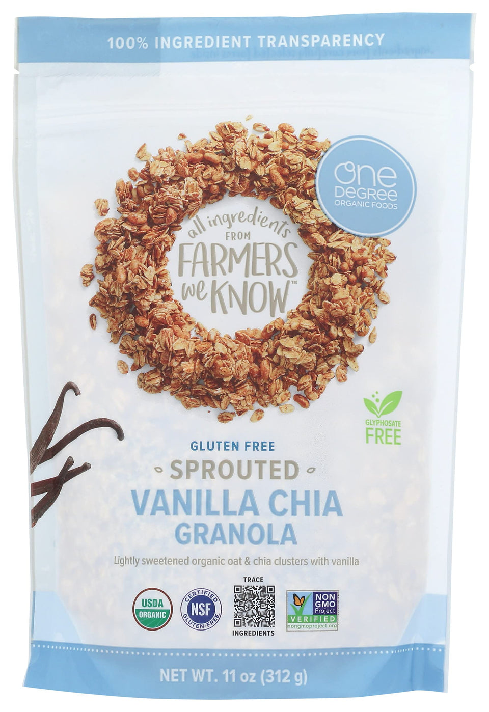 One Degree Organic Granola Oat Vanilla Chia 11oz bag - quick, wholesome breakfast option.