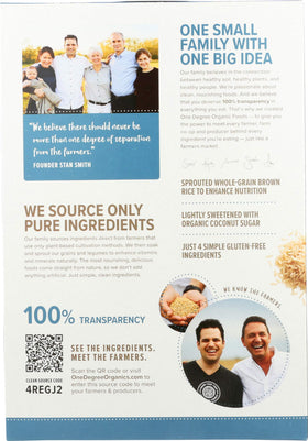 One Degree Sprouted Brown Rice Crisps bag closeup emphasizes natural Bali coconut sugar.