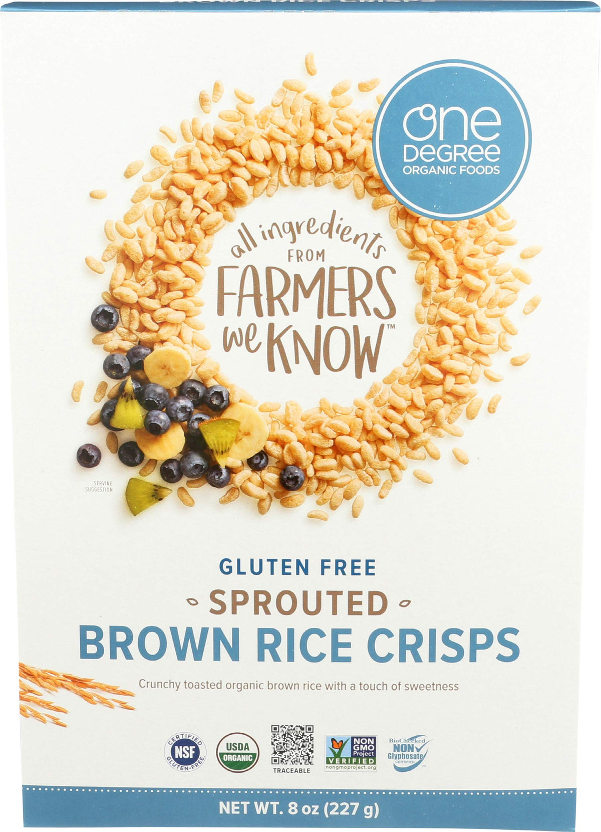 One Degree Sprouted Brown Rice Crisps packaging on shelf highlights wholesome ingredients.