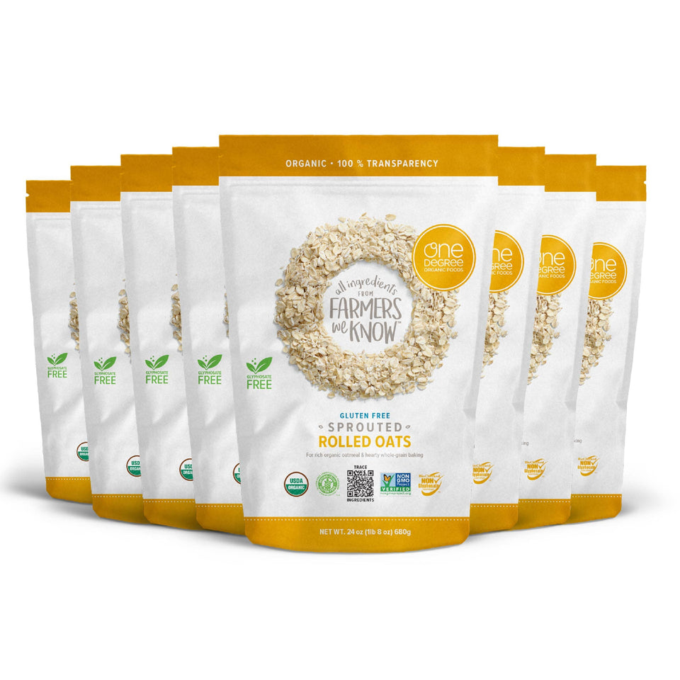 One Degree Sprouted Rolled Oats pack front, organic and non-GMO for breakfast.