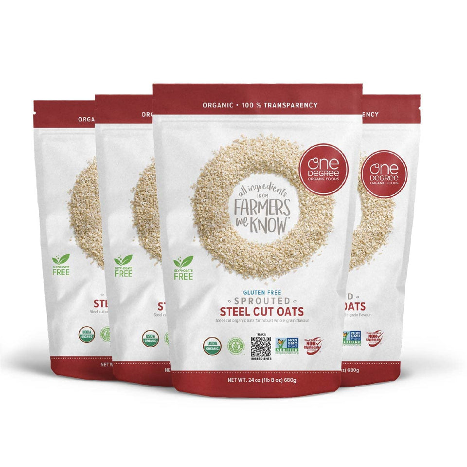One Degree Sprouted Steel Cut Oats front pack, organic and gluten-free.