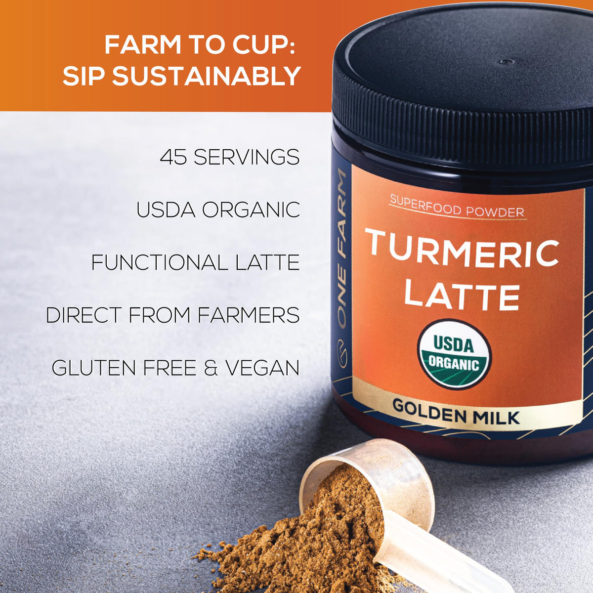 One Farm by WAAYB curcuminoid turmeric powder highlighting high curcuminoid content.