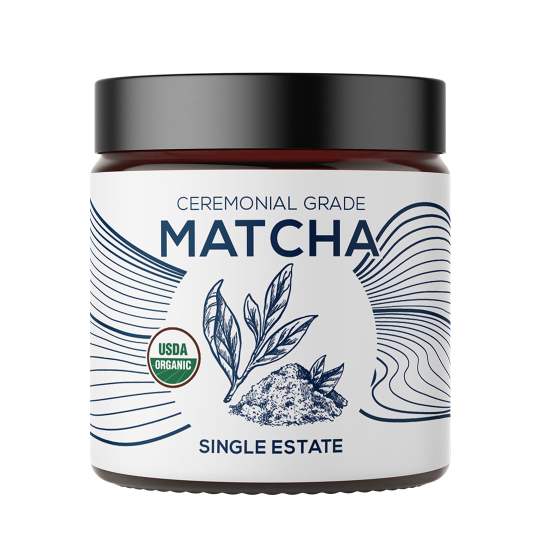 One Farm by WAAYB organic ceremonial matcha powder in a glass jar for daily ritual energy.