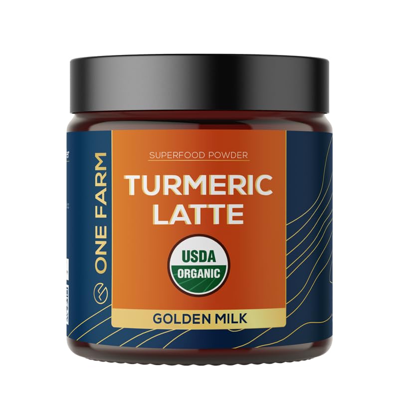One Farm by WAAYB turmeric latte powder in a glass jar for a soothing morning ritual.