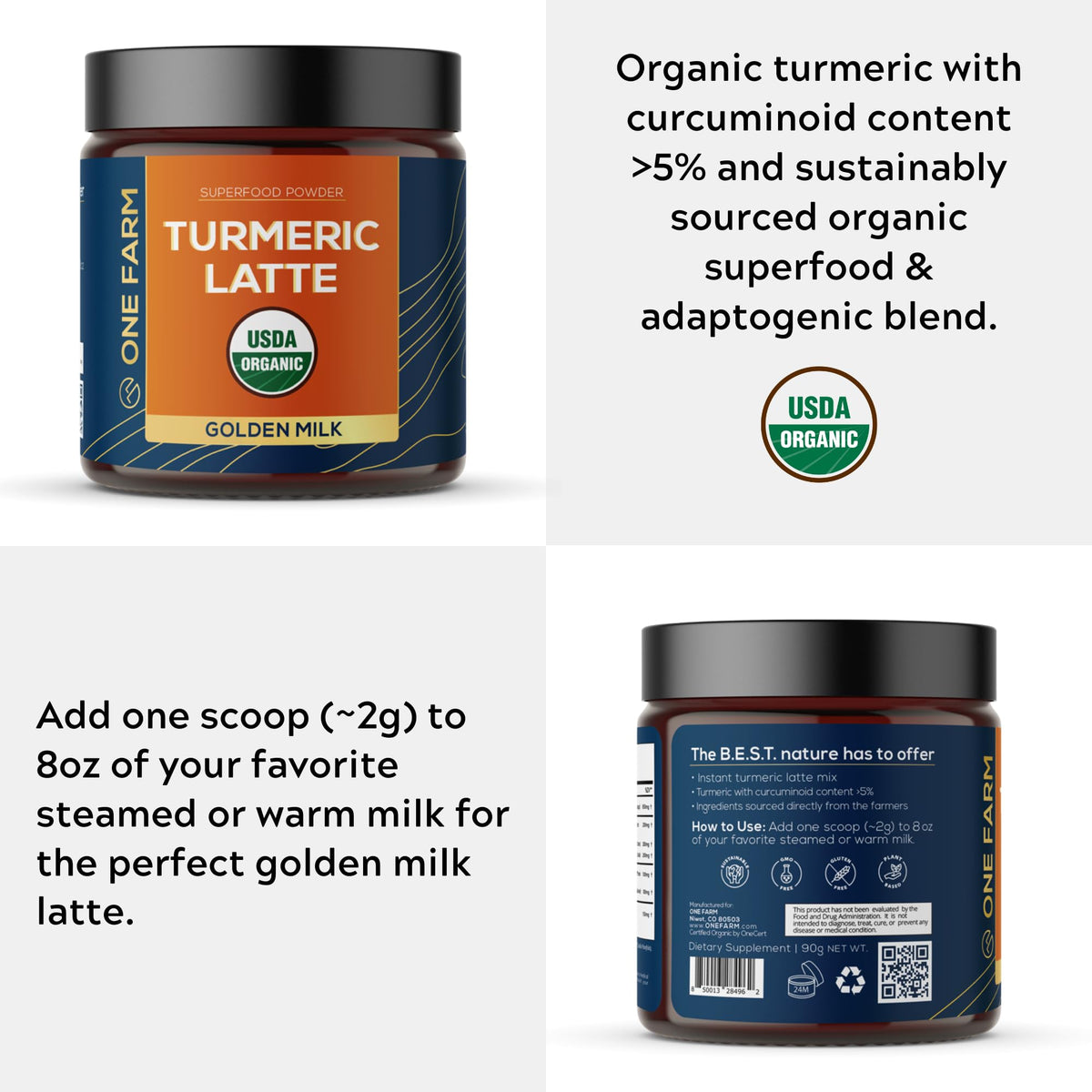 One Farm by WAAYB turmeric latte powder steaming in a mug for aromatic warmth.