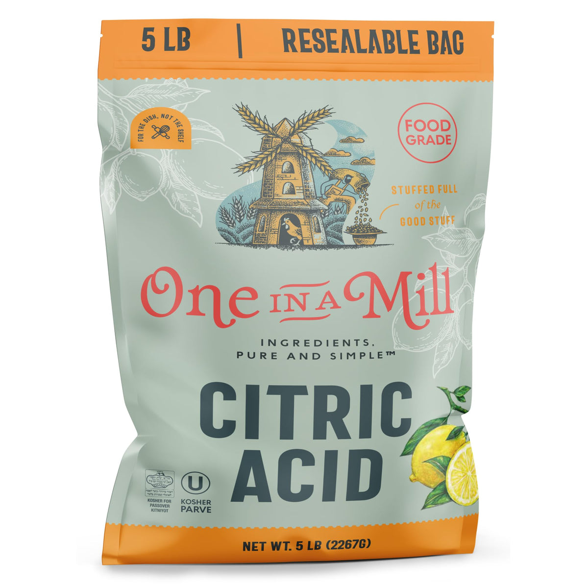 ONE IN A MILL Citric Acid powder jar close-up showing natural cleaning and flavor use