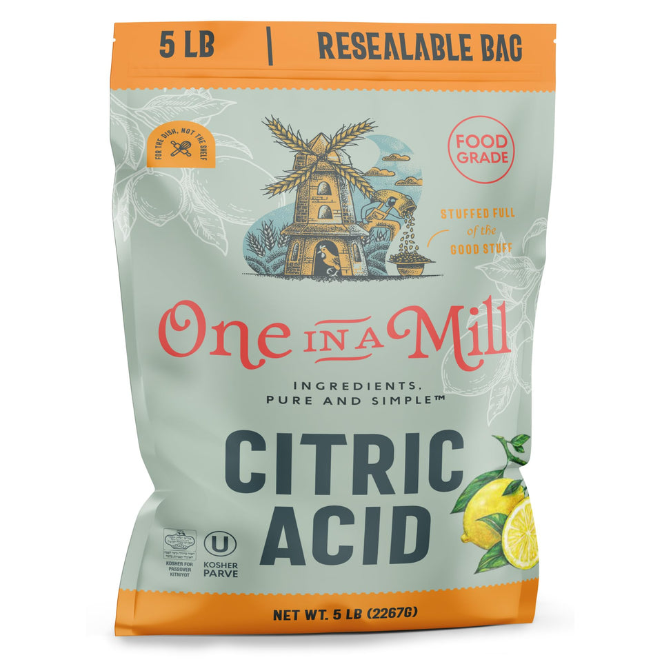 ONE IN A MILL Citric Acid powder jar close-up showing natural cleaning and flavor use
