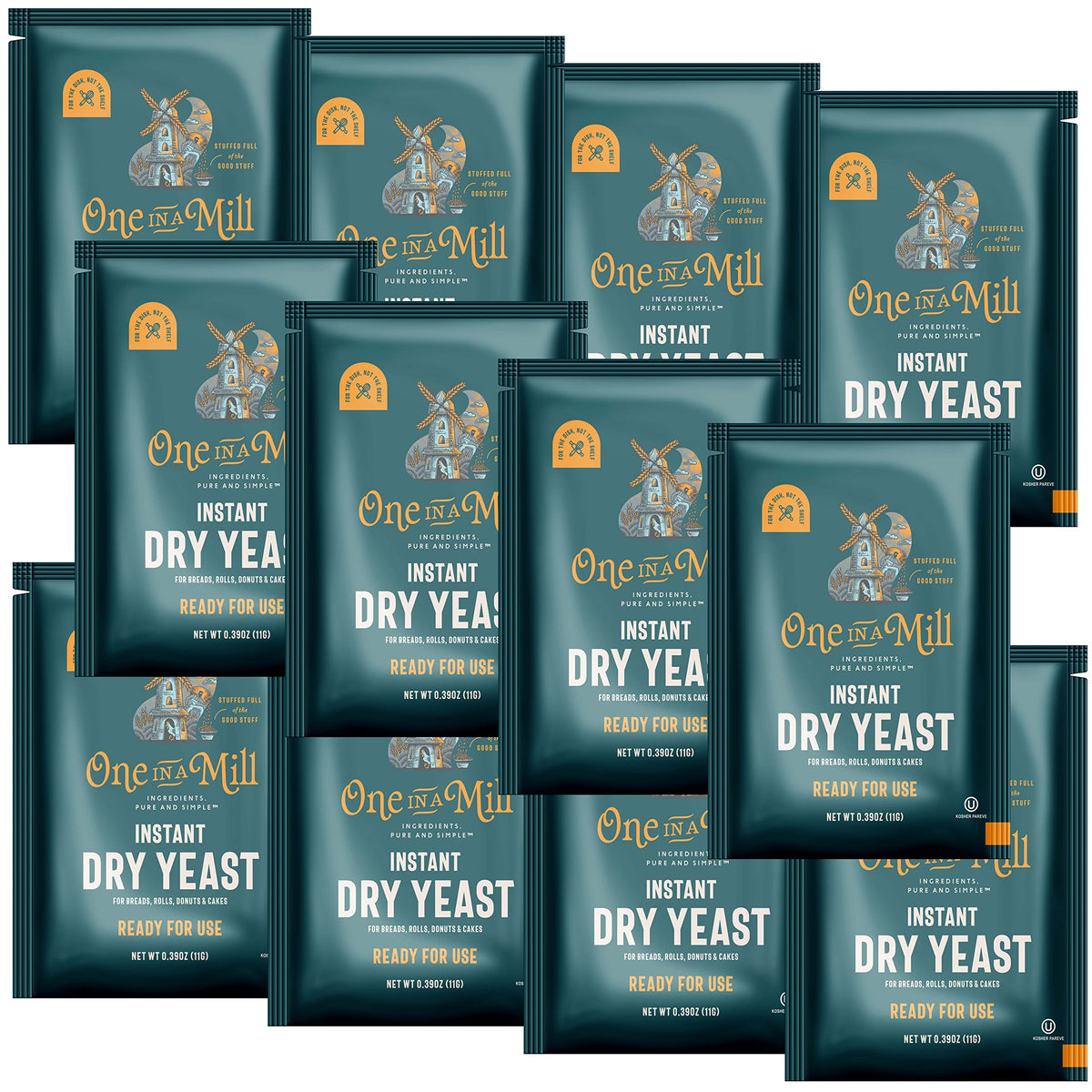 ONE IN A MILL instant dry yeast packets packaging for convenient quick-bake preparation