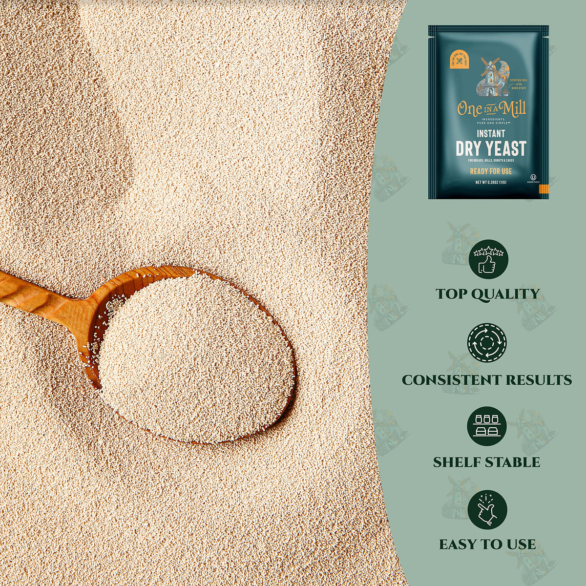 ONE IN A MILL dry yeast storage bag promoting freshness and long shelf life