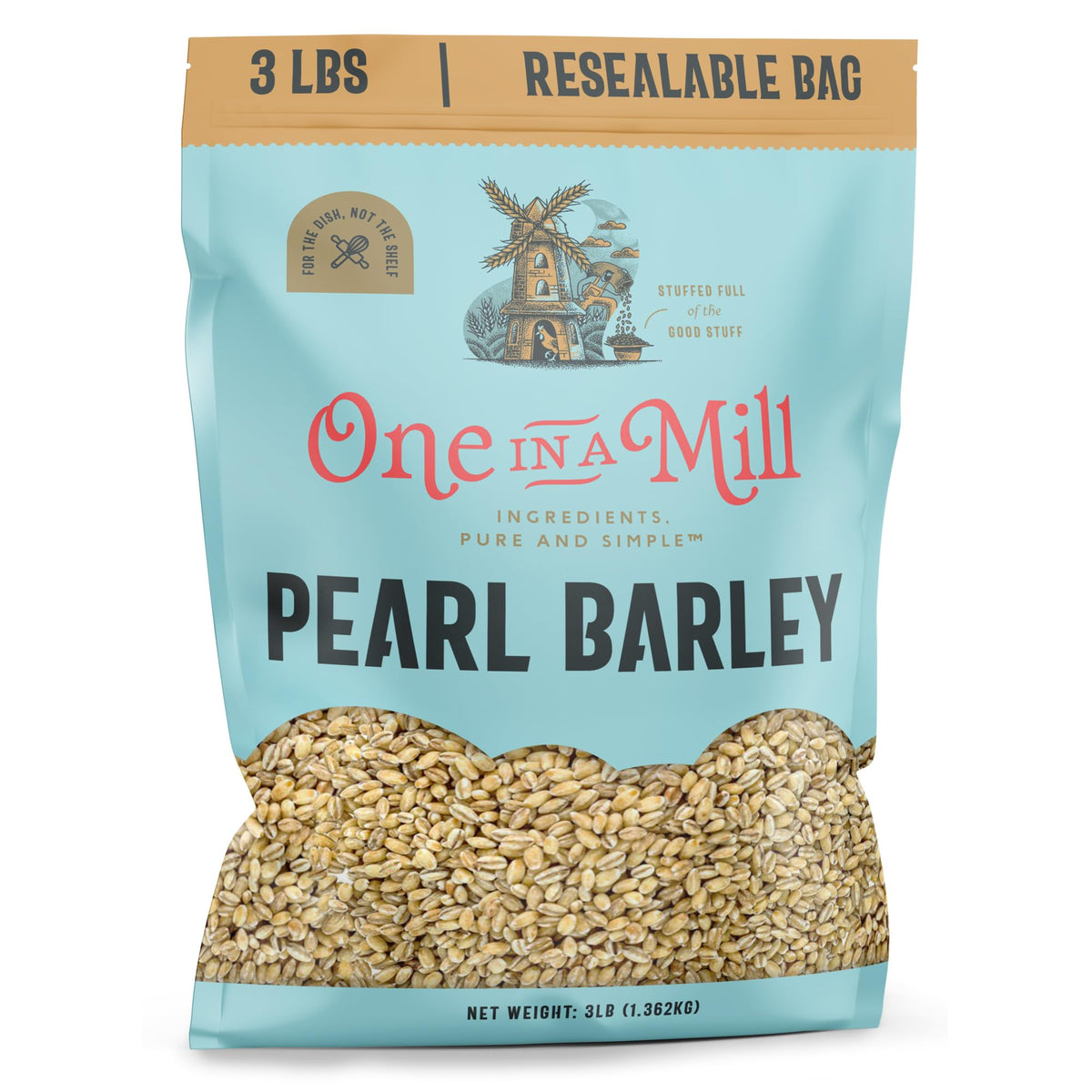ONE IN A MILL Pearl Barley bag on shelf, versatile base for soups and stews.