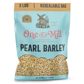 ONE IN A MILL Pearl Barley bag on shelf, versatile base for soups and stews.
