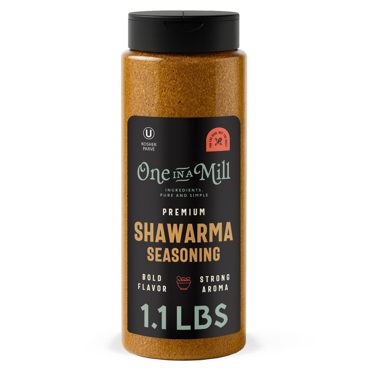 ONE IN A MILL premium shawarma seasoning jar label shows natural, kosher-certified spices
