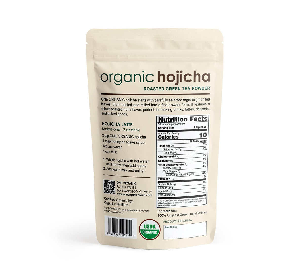 One Organic Hojicha powder dispensed into a cup for aromatic tea.