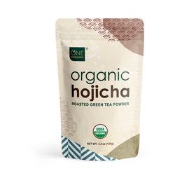 One Organic Hojicha powder pack highlights pure organic tea for versatile use.