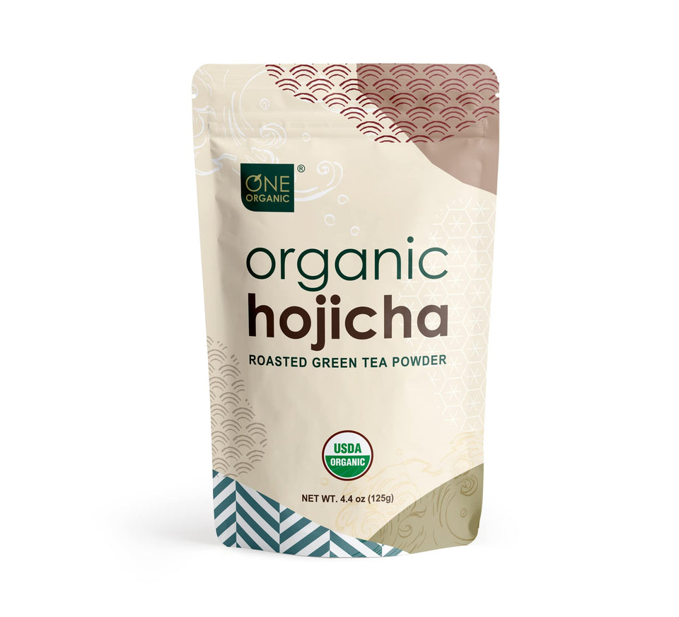 One Organic Hojicha powder pack highlights pure organic tea for versatile use.