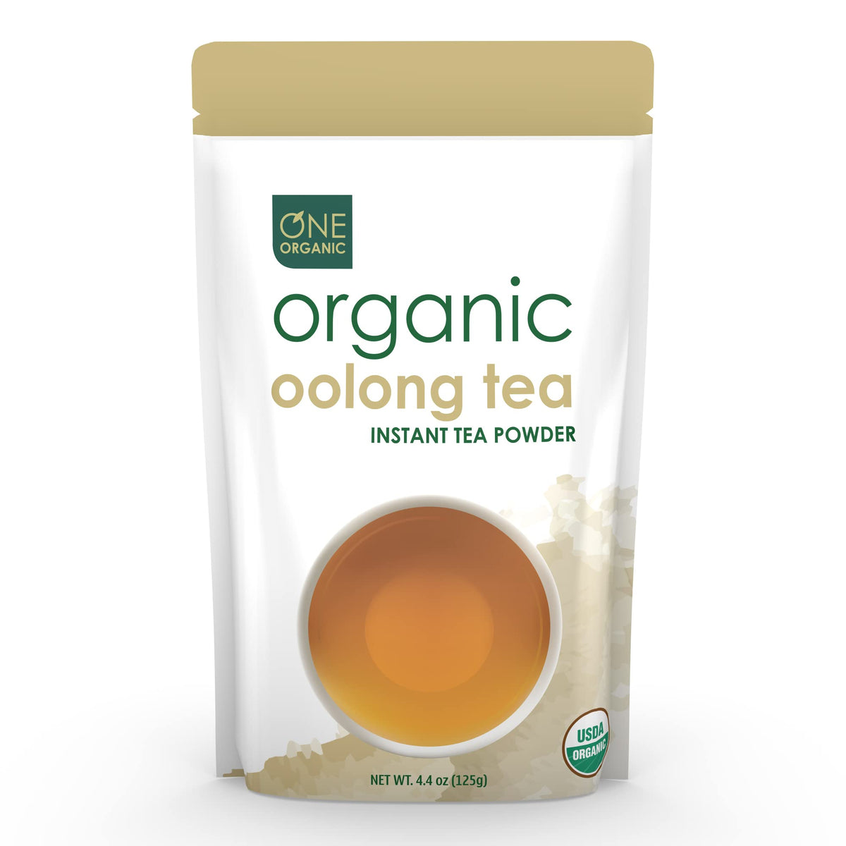 One Organic Instant Oolong Tea Powder bottle on kitchen counter, pure and convenient.
