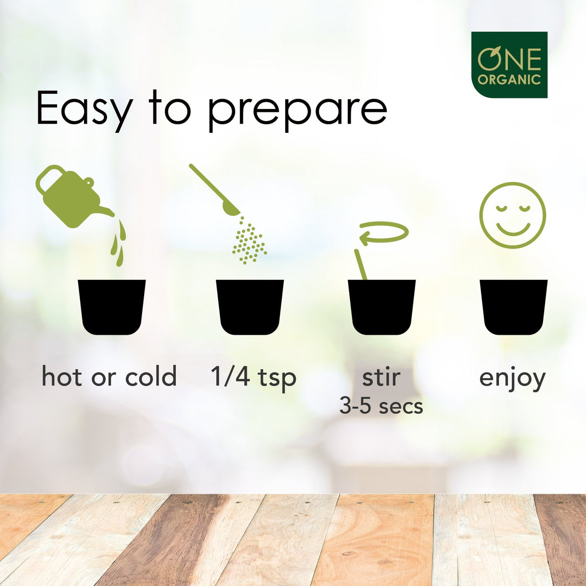 Spoon dissolving One Organic Instant Oolong Tea Powder into a glass of water.