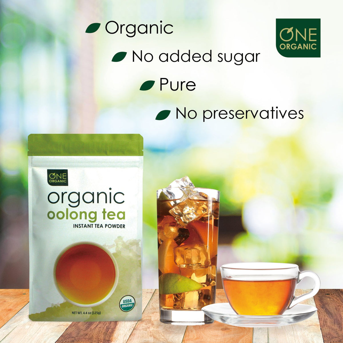Close-up of organic certification label on One Organic Instant Oolong Tea Powder.