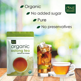 Close-up of organic certification label on One Organic Instant Oolong Tea Powder.