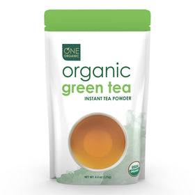 One Organic Instant Tea Green powder in a jar, pure tea with antioxidants.