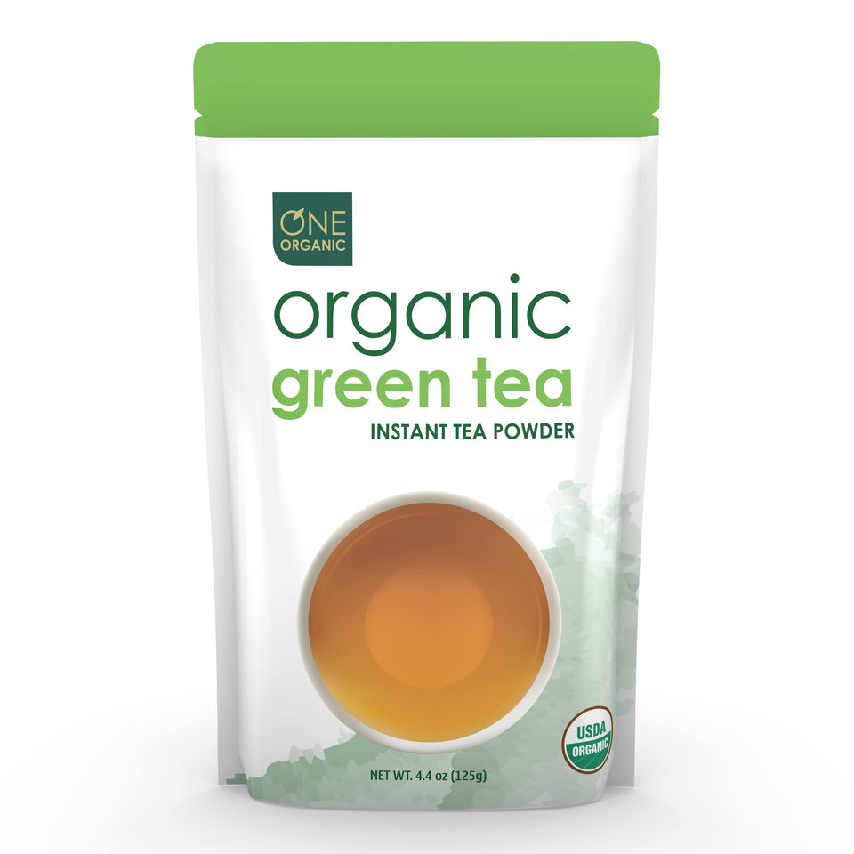One Organic Instant Tea Green powder in a jar, pure tea with antioxidants.