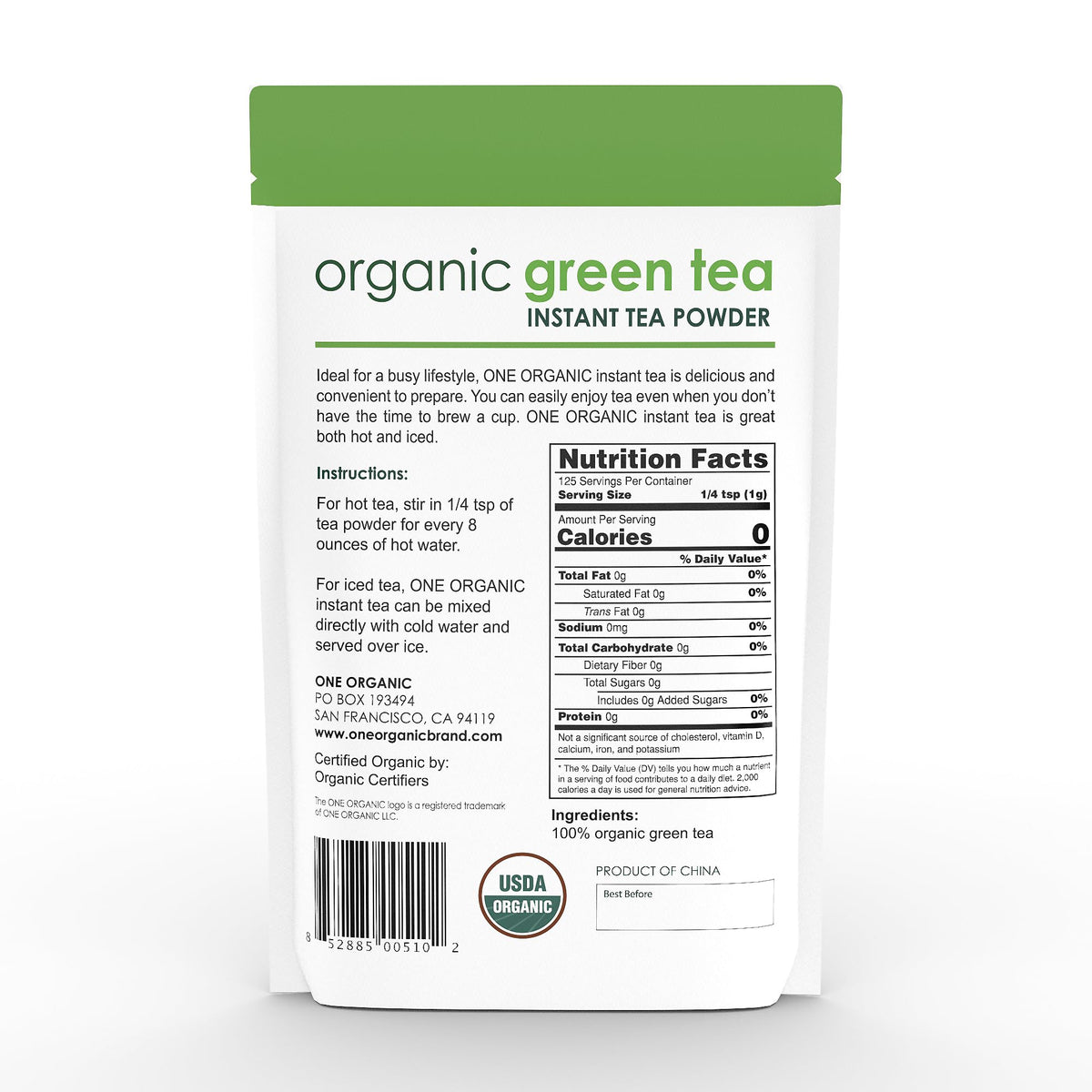 One Organic Instant Tea Green scoop for easy, portioned servings.