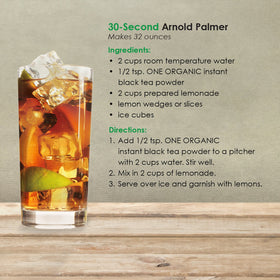 One Organic instant tea powder back-ingredients panel notes unsweetened, non-GMO quality.