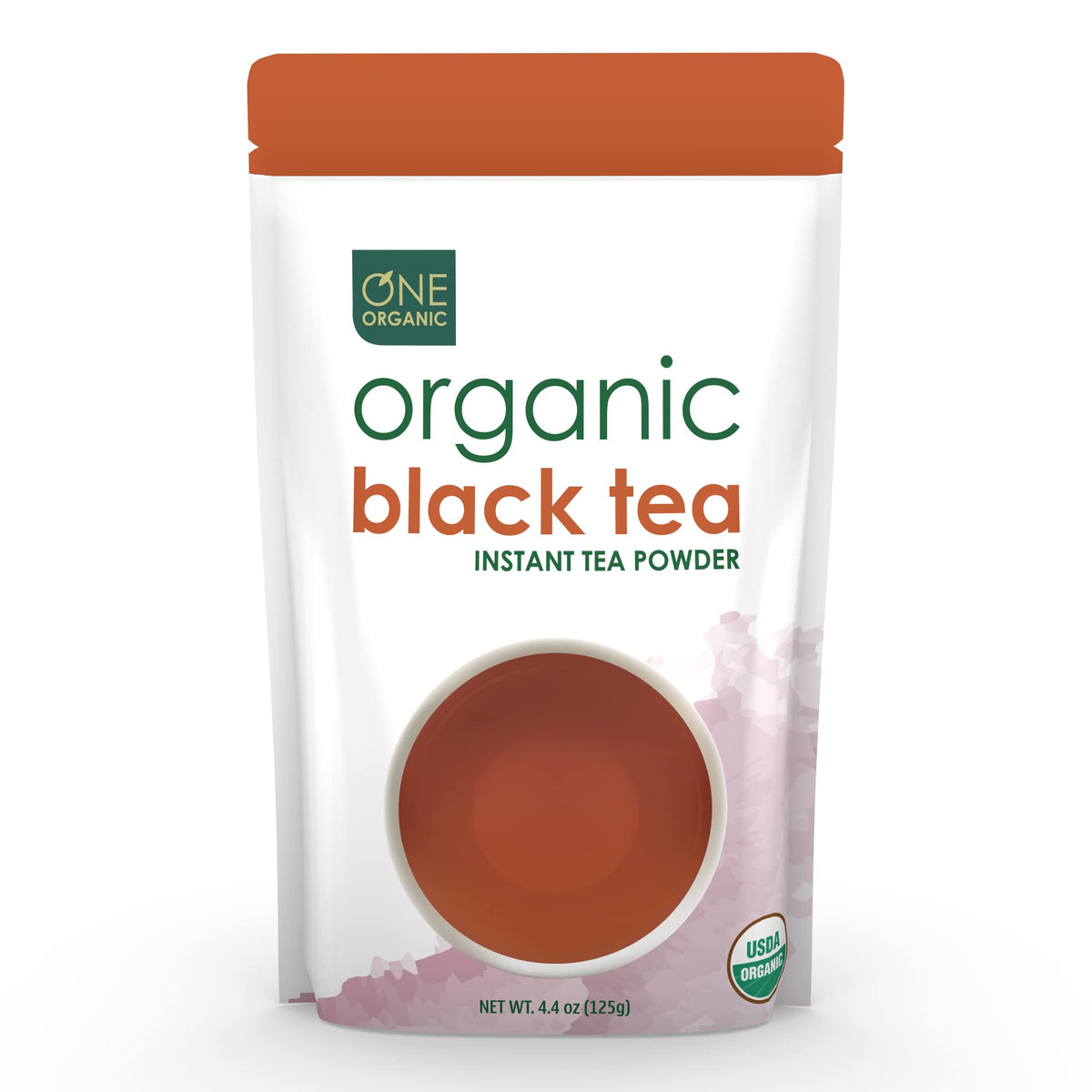 One Organic instant tea powder black jar front for unsweetened hot or iced tea.