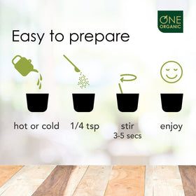 One Organic instant tea powder hot cup with steam highlights warmth.