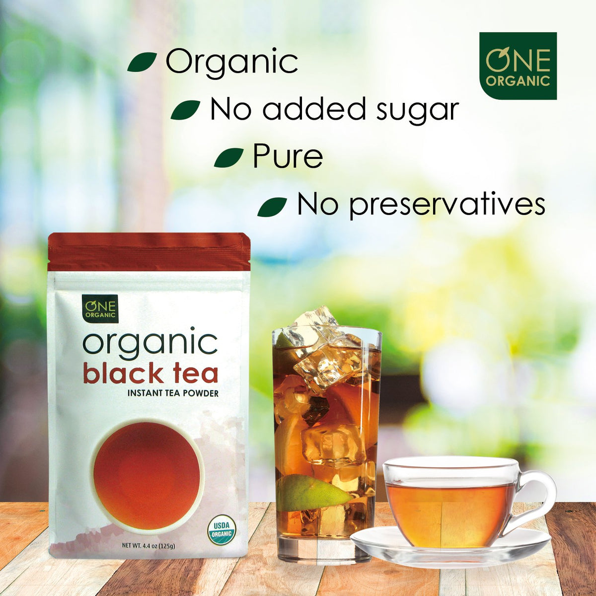 One Organic instant tea powder iced tea in glass offers refreshing cold brew.