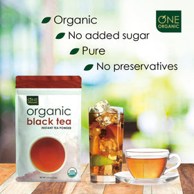 One Organic instant tea powder iced tea in glass offers refreshing cold brew.